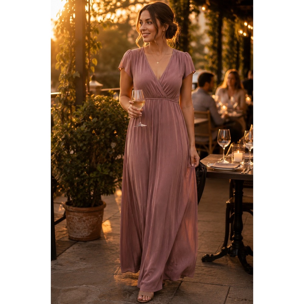 Baltic Born Athena Maxi Dress Rose Pink Pleated V Neck Wedding Guest Medium